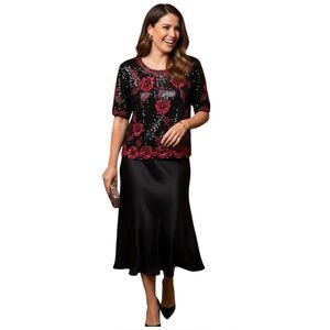 VINTAGE Womens Blouse Royal Feelings  Sequins Floral Silk Size S/M 80 Maximalism